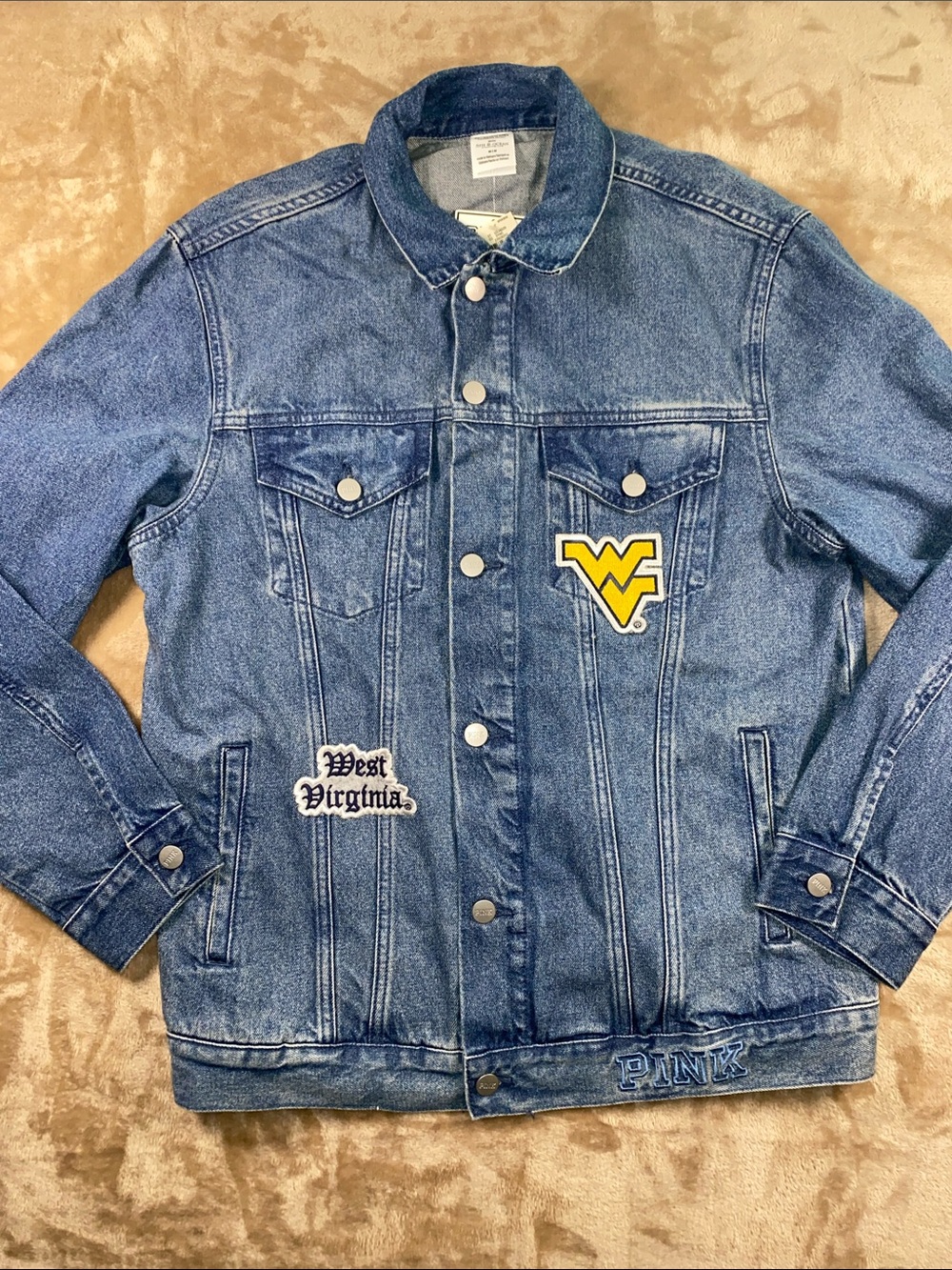 PINK Victoria's Secret Blue Denim Jean Jacket with Yellow Patch